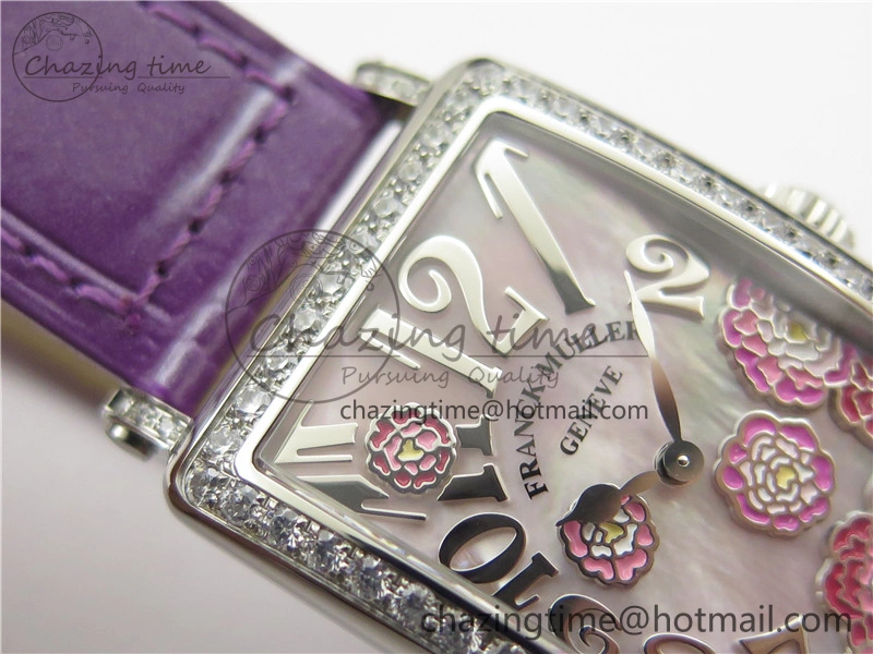 WrinkleFree Long Island Ladies SS Diamonds Bezel ZF 1:1 Mother of Pearl Dial on Purple Leather Strap Swiss Ronda Quartz 10262