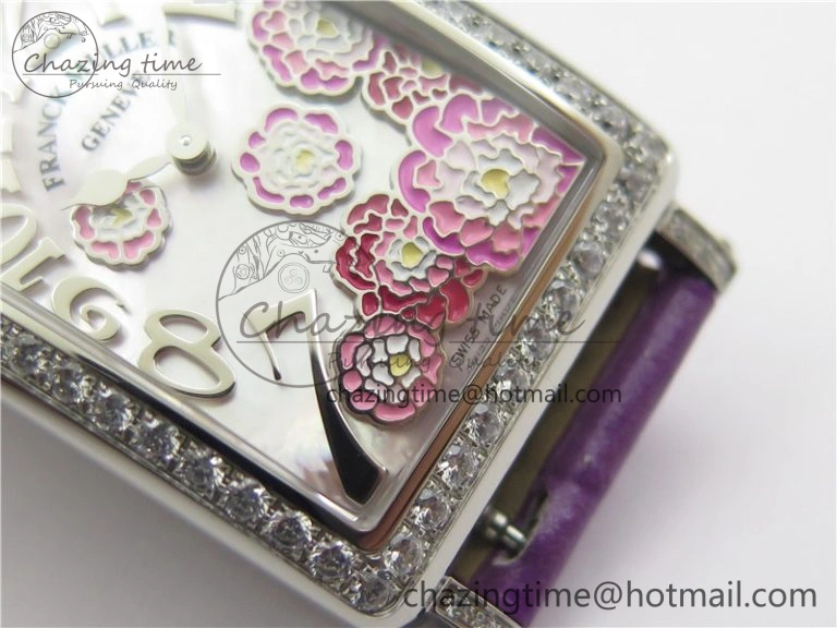 WrinkleFree Long Island Ladies SS Diamonds Bezel ZF 1:1 Mother of Pearl Dial on Purple Leather Strap Swiss Ronda Quartz 10262
