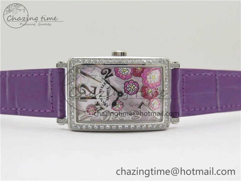 WrinkleFree Long Island Ladies SS Diamonds Bezel ZF 1:1 Mother of Pearl Dial on Purple Leather Strap Swiss Ronda Quartz 10262