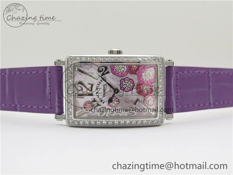 WrinkleFree Long Island Ladies SS Diamonds Bezel ZF 1:1 Mother of Pearl Dial on Purple Leather Strap Swiss Ronda Quartz 10262