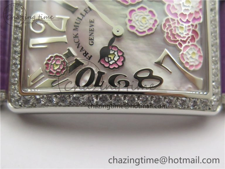 WrinkleFree Long Island Ladies SS Diamonds Bezel ZF 1:1 Mother of Pearl Dial on Purple Leather Strap Swiss Ronda Quartz 10262