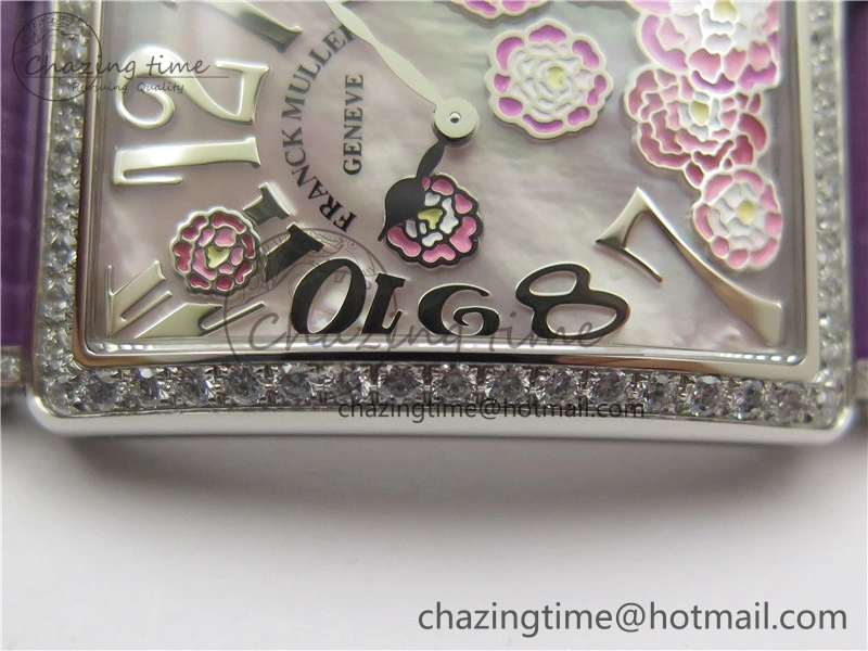 WrinkleFree Long Island Ladies SS Diamonds Bezel ZF 1:1 Mother of Pearl Dial on Purple Leather Strap Swiss Ronda Quartz 10262