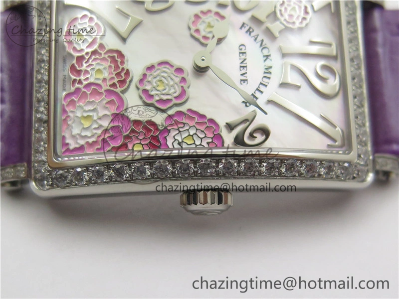 WrinkleFree Long Island Ladies SS Diamonds Bezel ZF 1:1 Mother of Pearl Dial on Purple Leather Strap Swiss Ronda Quartz 10262