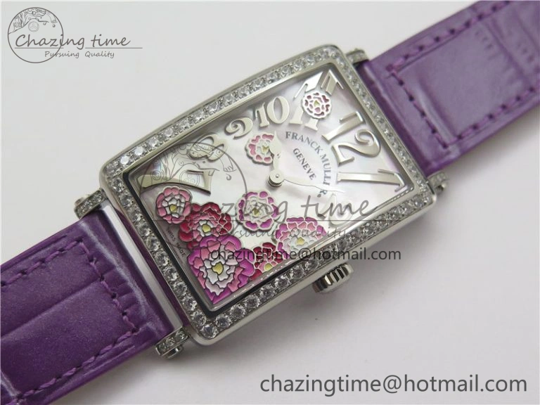 WrinkleFree Long Island Ladies SS Diamonds Bezel ZF 1:1 Mother of Pearl Dial on Purple Leather Strap Swiss Ronda Quartz 10262