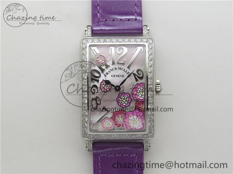 WrinkleFree Long Island Ladies SS Diamonds Bezel ZF 1:1 Mother of Pearl Dial on Purple Leather Strap Swiss Ronda Quartz 10262
