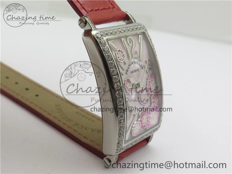 Long Island Ladies SS Diamonds Bezel ZF 1:1 Mother of Pearl Dial on Red Leather Strap Swiss Ronda Quartz Durable 6530