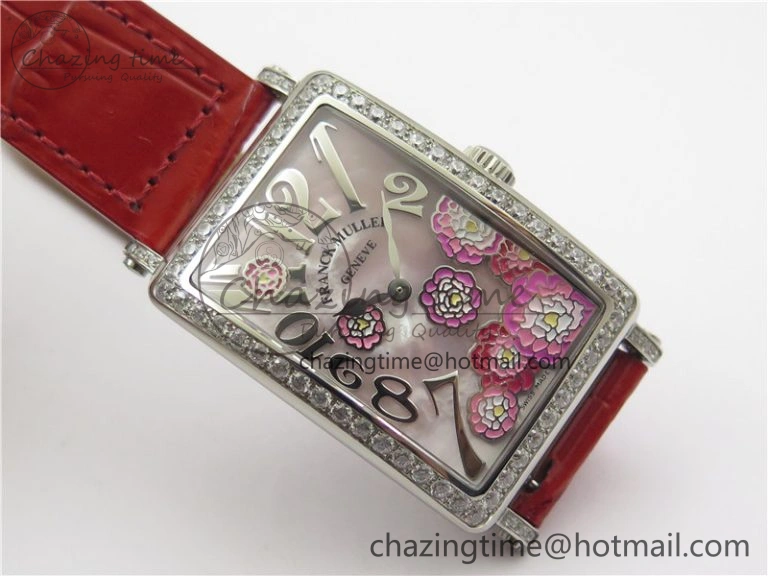 Long Island Ladies SS Diamonds Bezel ZF 1:1 Mother of Pearl Dial on Red Leather Strap Swiss Ronda Quartz Durable 6530