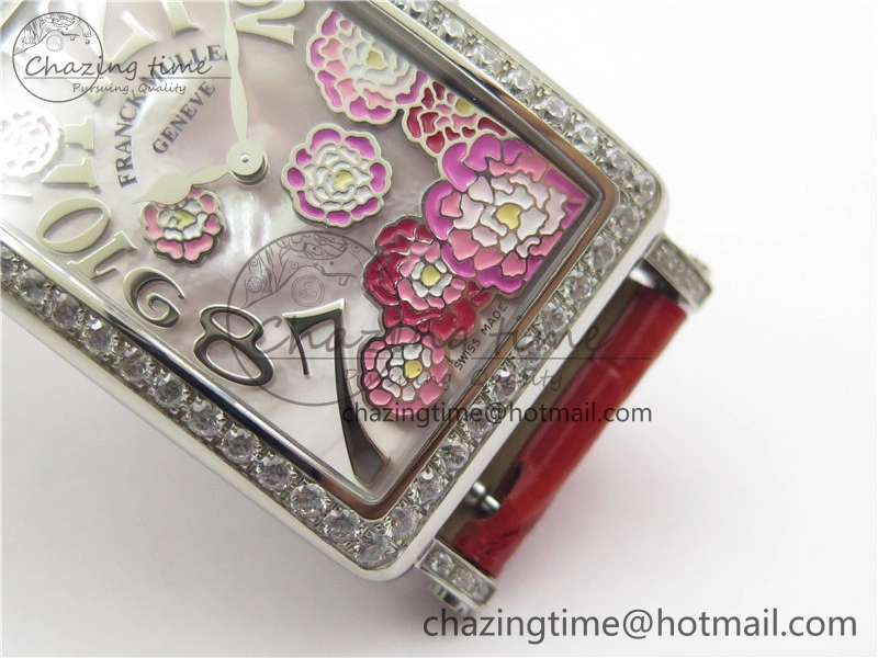 Long Island Ladies SS Diamonds Bezel ZF 1:1 Mother of Pearl Dial on Red Leather Strap Swiss Ronda Quartz Durable 6530