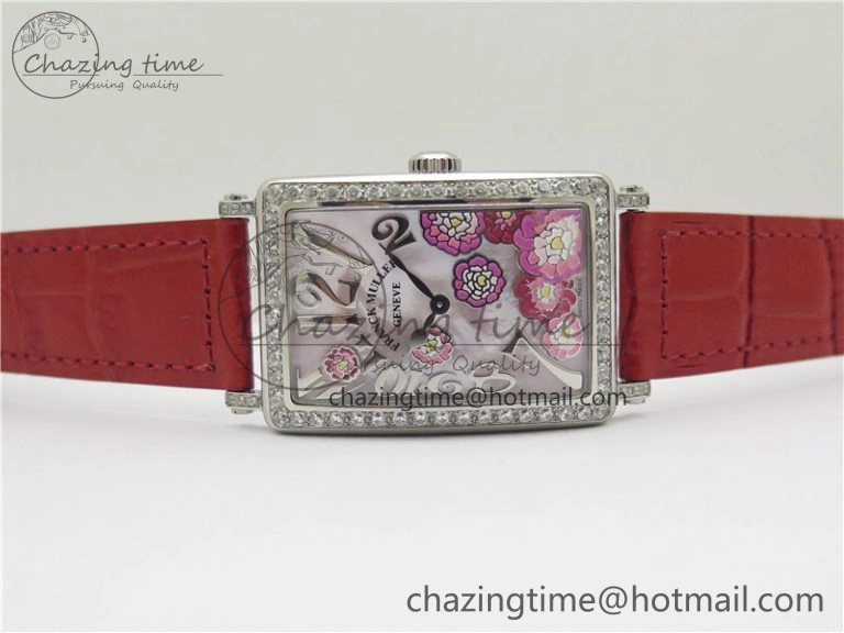 Long Island Ladies SS Diamonds Bezel ZF 1:1 Mother of Pearl Dial on Red Leather Strap Swiss Ronda Quartz Durable 6530