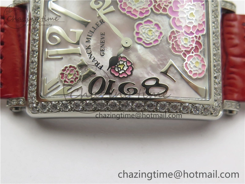 Long Island Ladies SS Diamonds Bezel ZF 1:1 Mother of Pearl Dial on Red Leather Strap Swiss Ronda Quartz Durable 6530