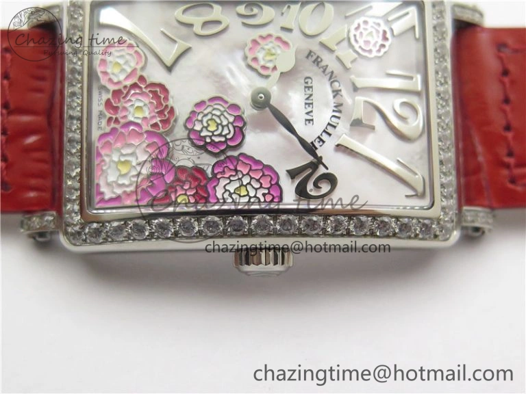 Long Island Ladies SS Diamonds Bezel ZF 1:1 Mother of Pearl Dial on Red Leather Strap Swiss Ronda Quartz Durable 6530