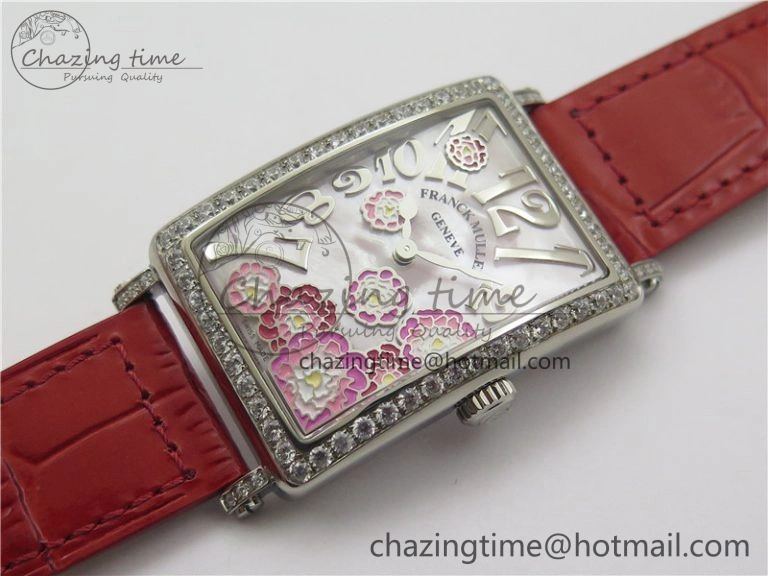 Long Island Ladies SS Diamonds Bezel ZF 1:1 Mother of Pearl Dial on Red Leather Strap Swiss Ronda Quartz Durable 6530