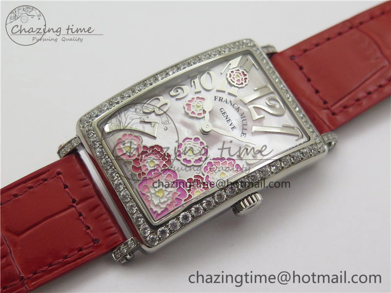 Long Island Ladies SS Diamonds Bezel ZF 1:1 Mother of Pearl Dial on Red Leather Strap Swiss Ronda Quartz Durable 6530