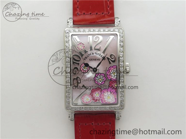 Long Island Ladies SS Diamonds Bezel ZF 1:1 Mother of Pearl Dial on Red Leather Strap Swiss Ronda Quartz Durable 6530