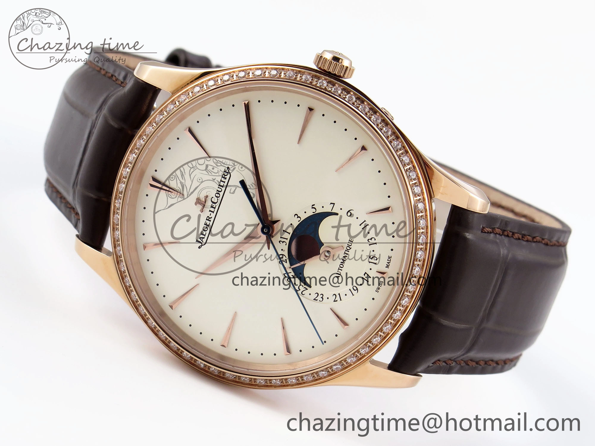 Premium MASTER ULTRA THIN MOON RG APSF 1:1 BEST EDITION WHITE DIAL DIAMONDS BEZEL ON BROWN LEATHER STRAP SA925 SUPER CLONE 7415