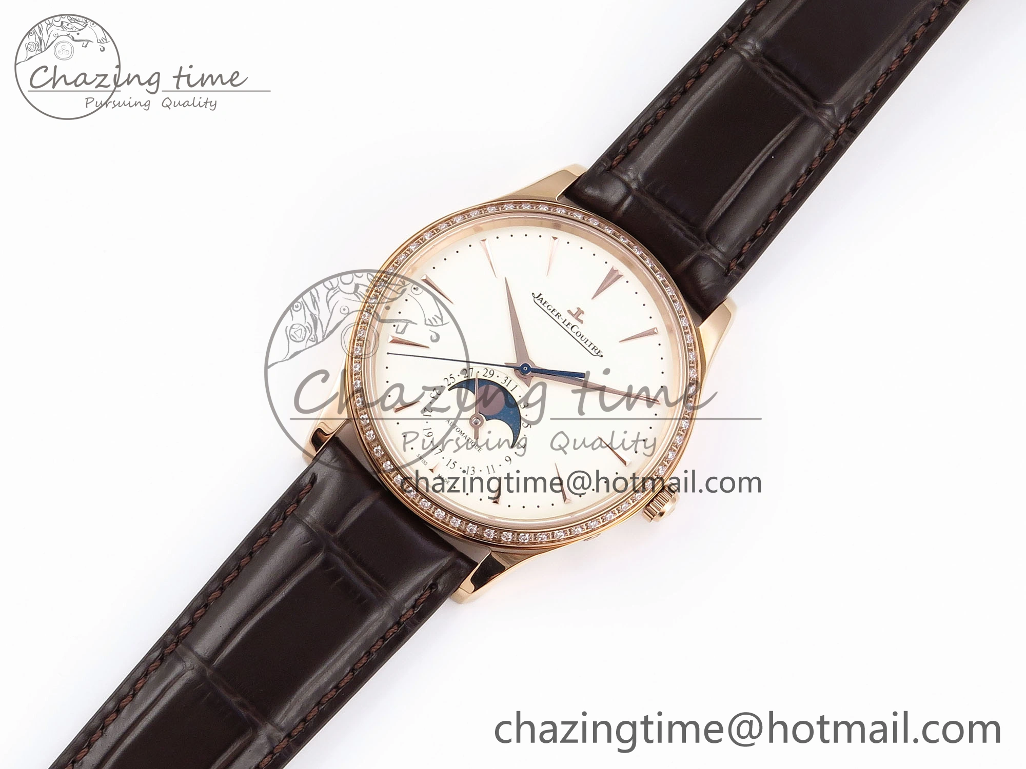 Premium MASTER ULTRA THIN MOON RG APSF 1:1 BEST EDITION WHITE DIAL DIAMONDS BEZEL ON BROWN LEATHER STRAP SA925 SUPER CLONE 7415