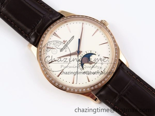 Premium MASTER ULTRA THIN MOON RG APSF 1:1 BEST EDITION WHITE DIAL DIAMONDS BEZEL ON BROWN LEATHER STRAP SA925 SUPER CLONE 7415