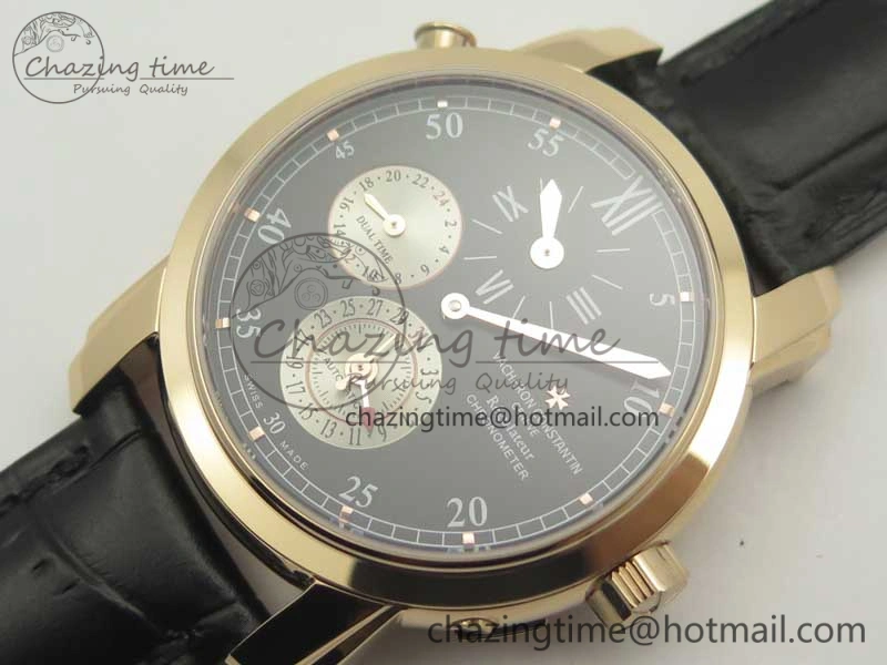 Efficient Malte Dual Time Regulator RG K11 Maker Black Dial on Black Leather Strap A23J 9956