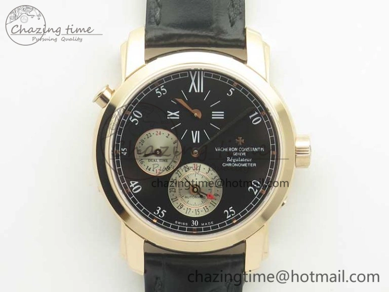 Efficient Malte Dual Time Regulator RG K11 Maker Black Dial on Black Leather Strap A23J 9956
