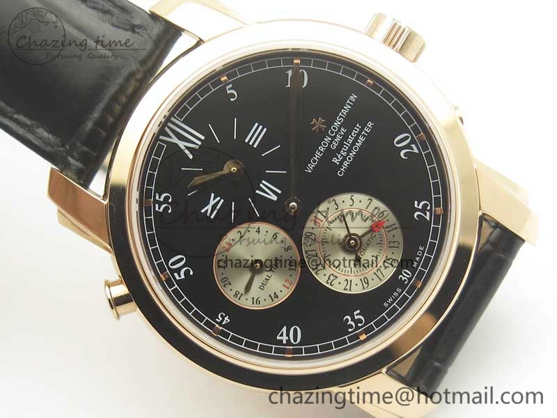 Efficient Malte Dual Time Regulator RG K11 Maker Black Dial on Black Leather Strap A23J 9956