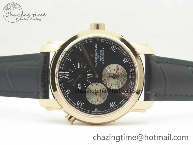 Efficient Malte Dual Time Regulator RG K11 Maker Black Dial on Black Leather Strap A23J 9956