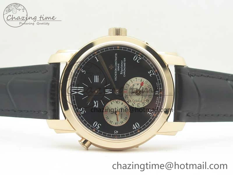 Efficient Malte Dual Time Regulator RG K11 Maker Black Dial on Black Leather Strap A23J 9956