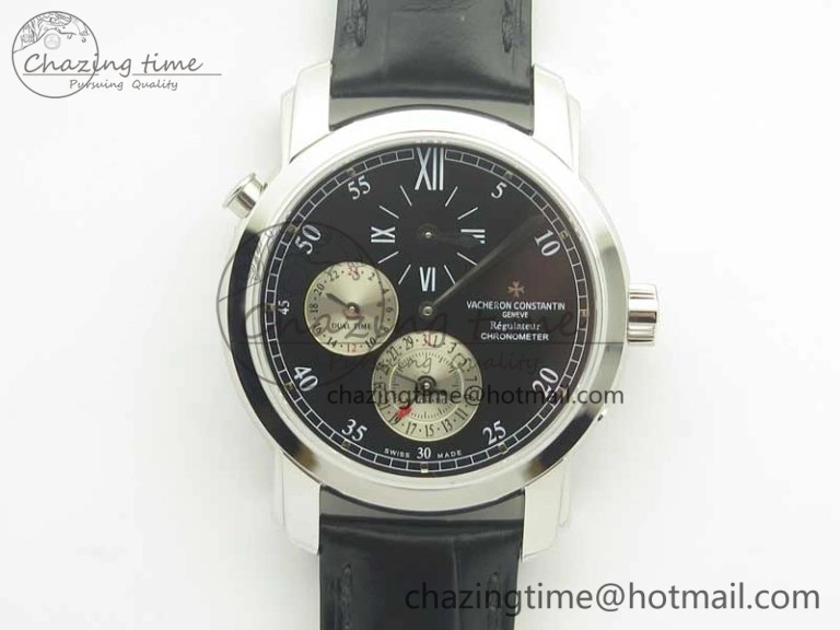 Malte Dual Time Regulator SS K11 Maker Black Dial on Black Leather Strap A23J Compact 9954