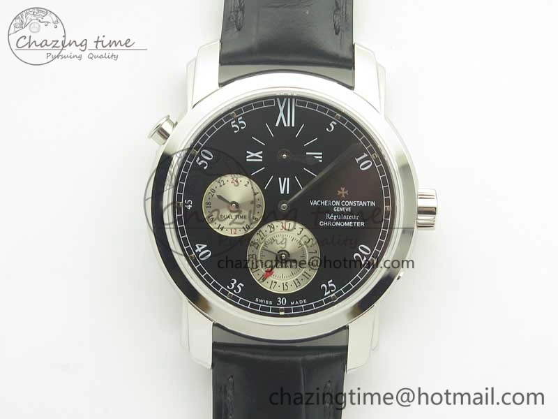 Malte Dual Time Regulator SS K11 Maker Black Dial on Black Leather Strap A23J Compact 9954