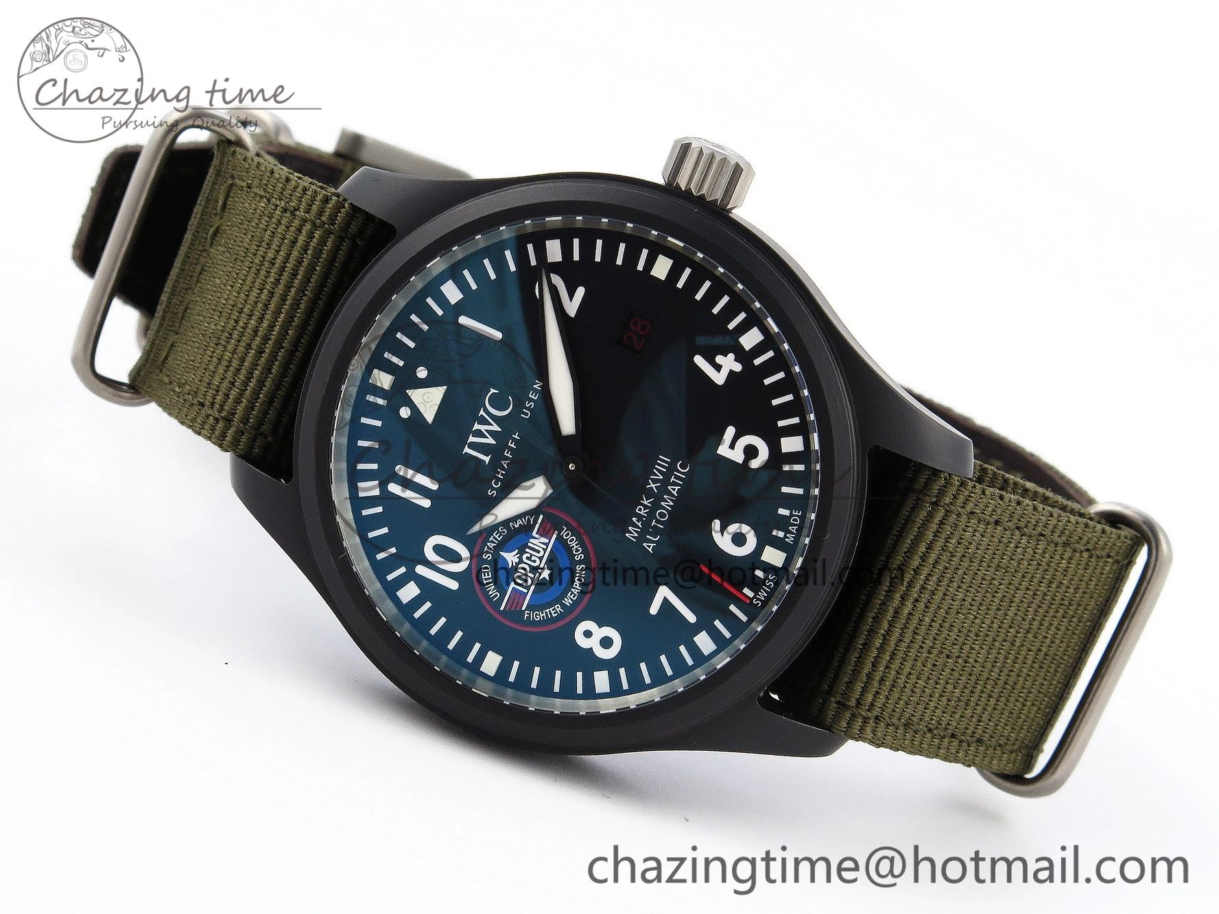 Minimalist Mark XVIII Top Gun “SFTI” Black Ceramic IW324712 ZF 1:1 Best Edition on Green Nylon Strap A 7025