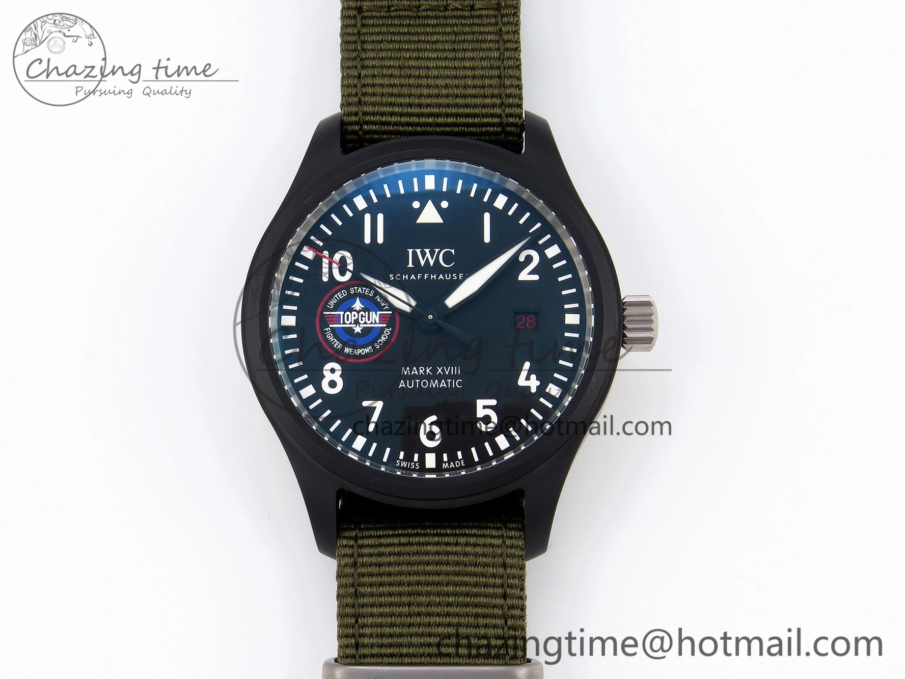 Minimalist Mark XVIII Top Gun “SFTI” Black Ceramic IW324712 ZF 1:1 Best Edition on Green Nylon Strap A 7025