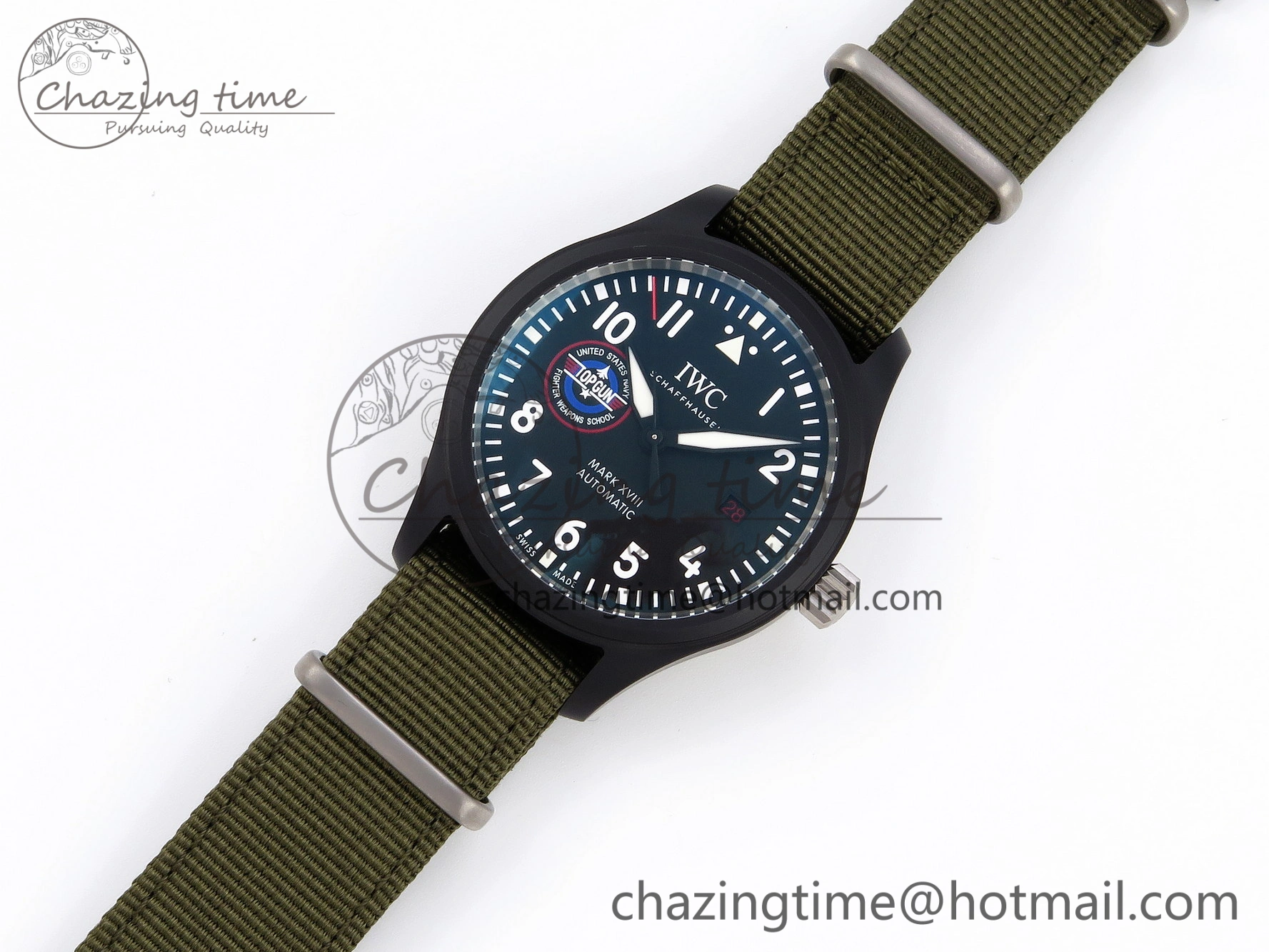 Minimalist Mark XVIII Top Gun “SFTI” Black Ceramic IW324712 ZF 1:1 Best Edition on Green Nylon Strap A 7025