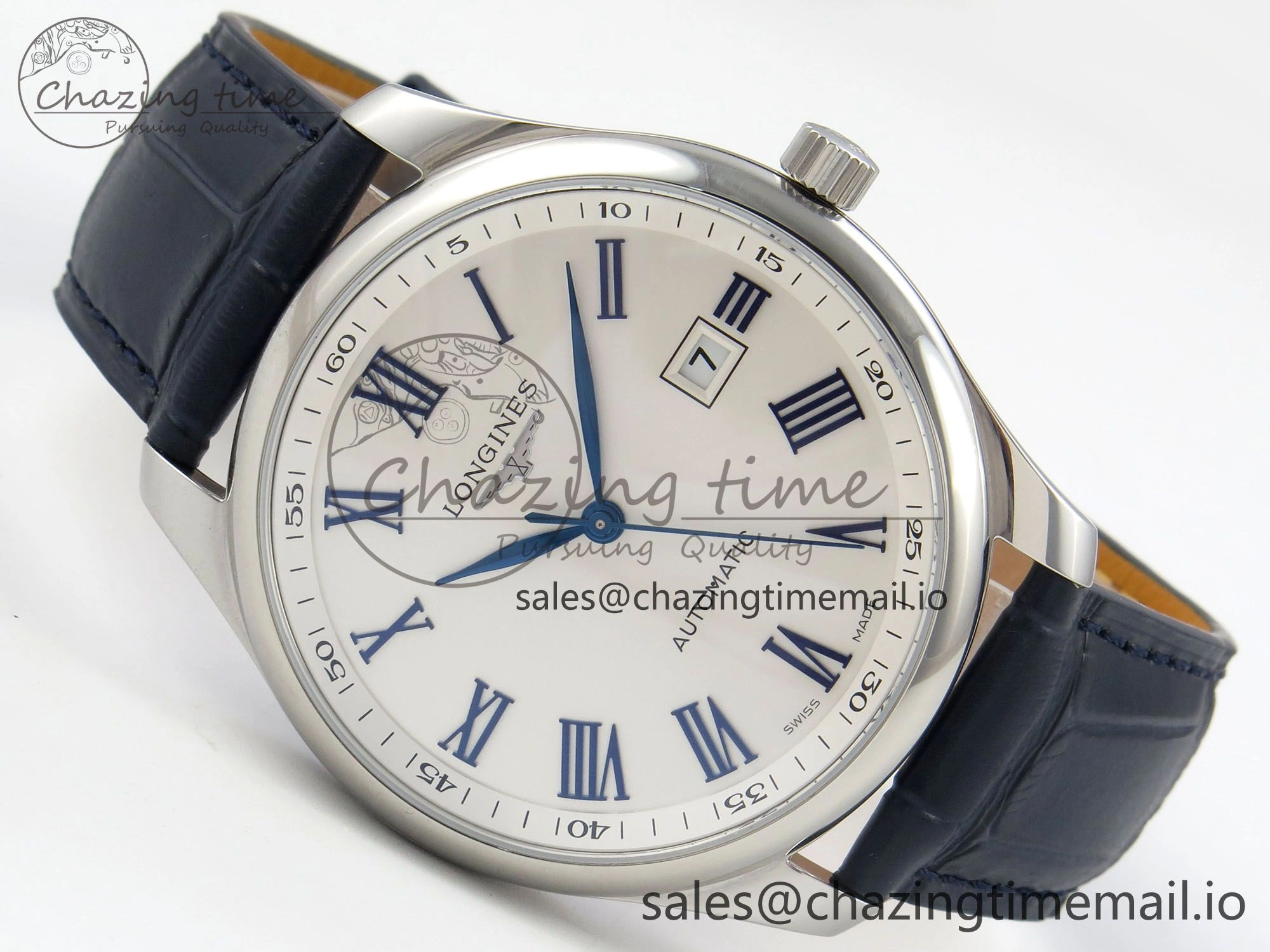 Master Collection 40mm SS AF 1:1 Best Edition White Roman Dial on Blue Leather Strap A Practical 7543