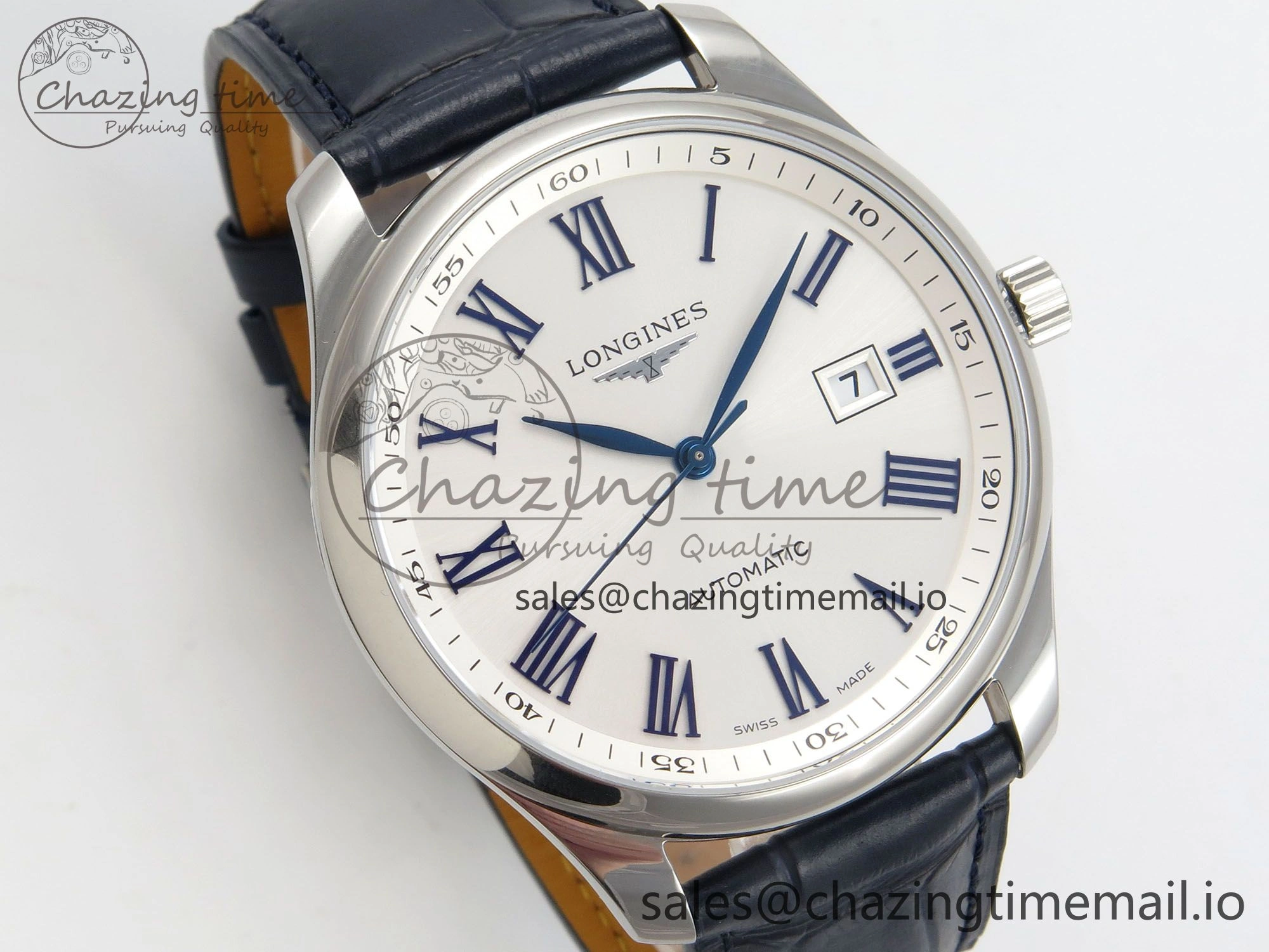 Master Collection 40mm SS AF 1:1 Best Edition White Roman Dial on Blue Leather Strap A Practical 7543