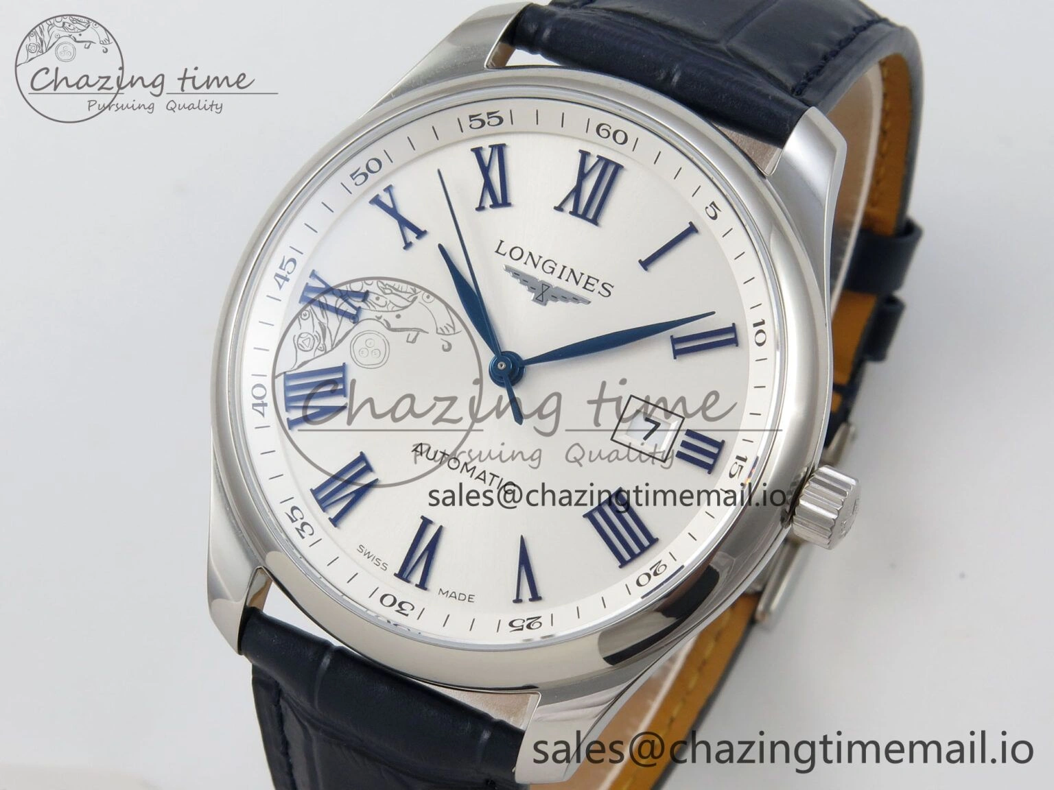 Master Collection 40mm SS AF 1:1 Best Edition White Roman Dial on Blue Leather Strap A Practical 7543