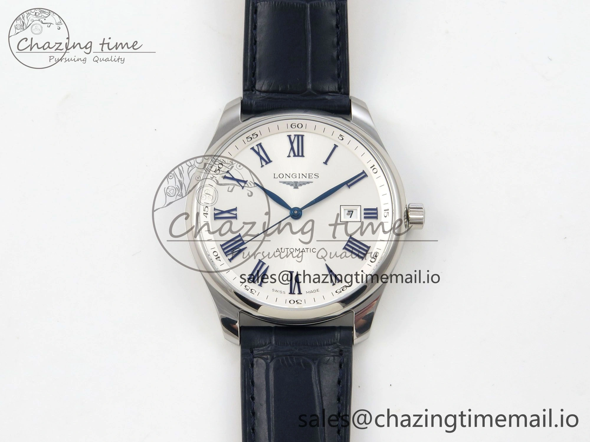 Master Collection 40mm SS AF 1:1 Best Edition White Roman Dial on Blue Leather Strap A Practical 7543