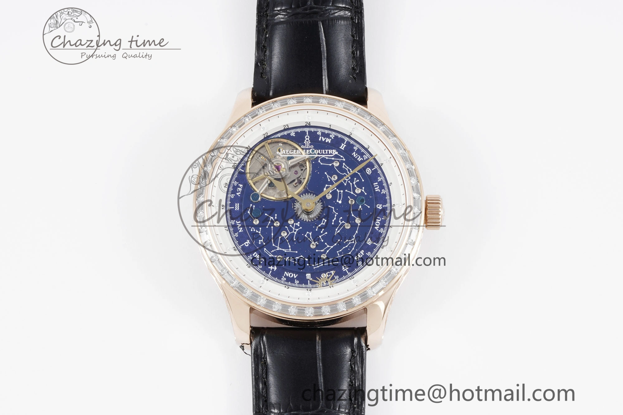 Durable Master Grande Tradition RG Blue Revolves Dial Diamonds Bezel on Black Leather Strap 7424