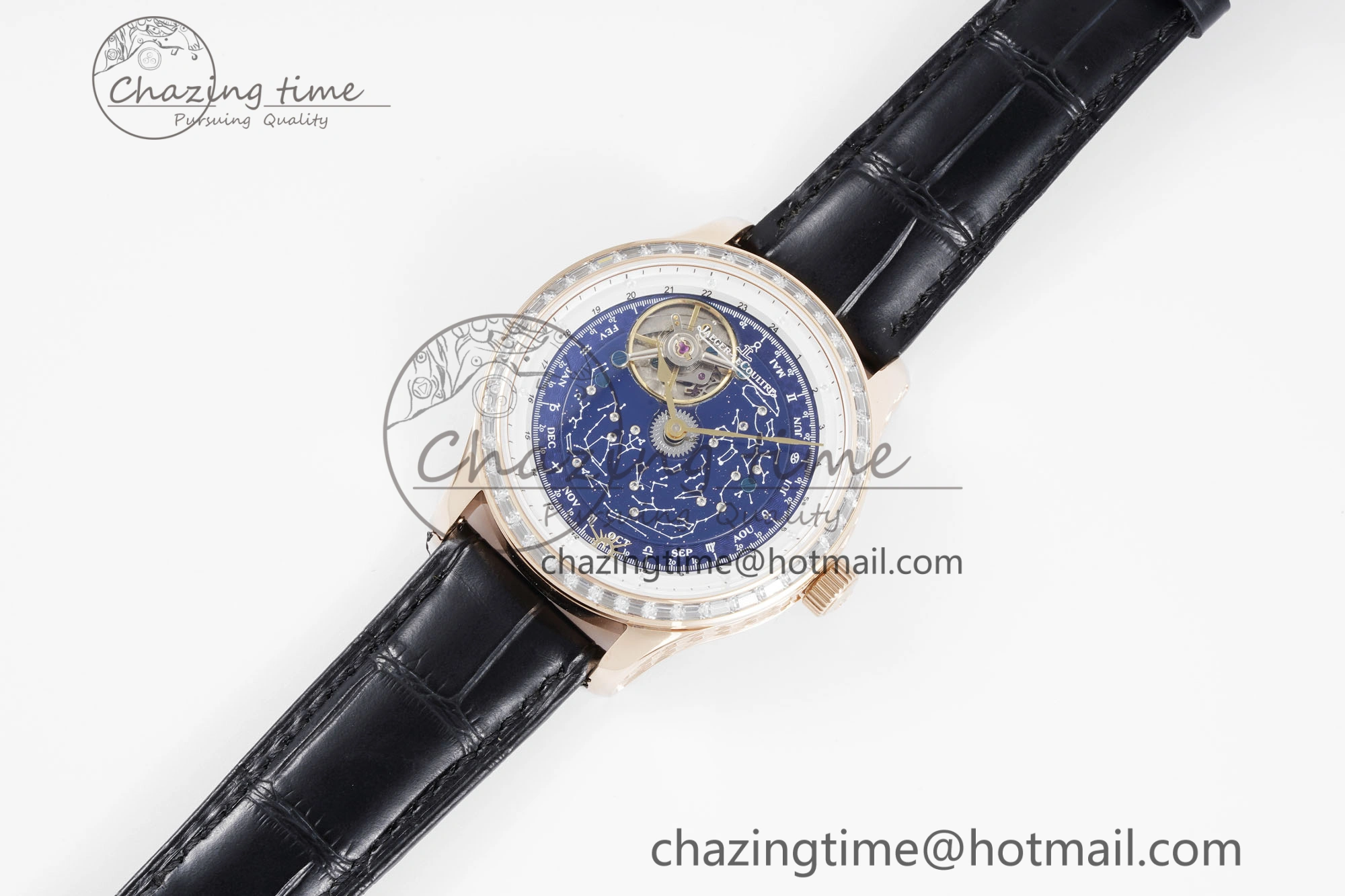 Durable Master Grande Tradition RG Blue Revolves Dial Diamonds Bezel on Black Leather Strap 7424