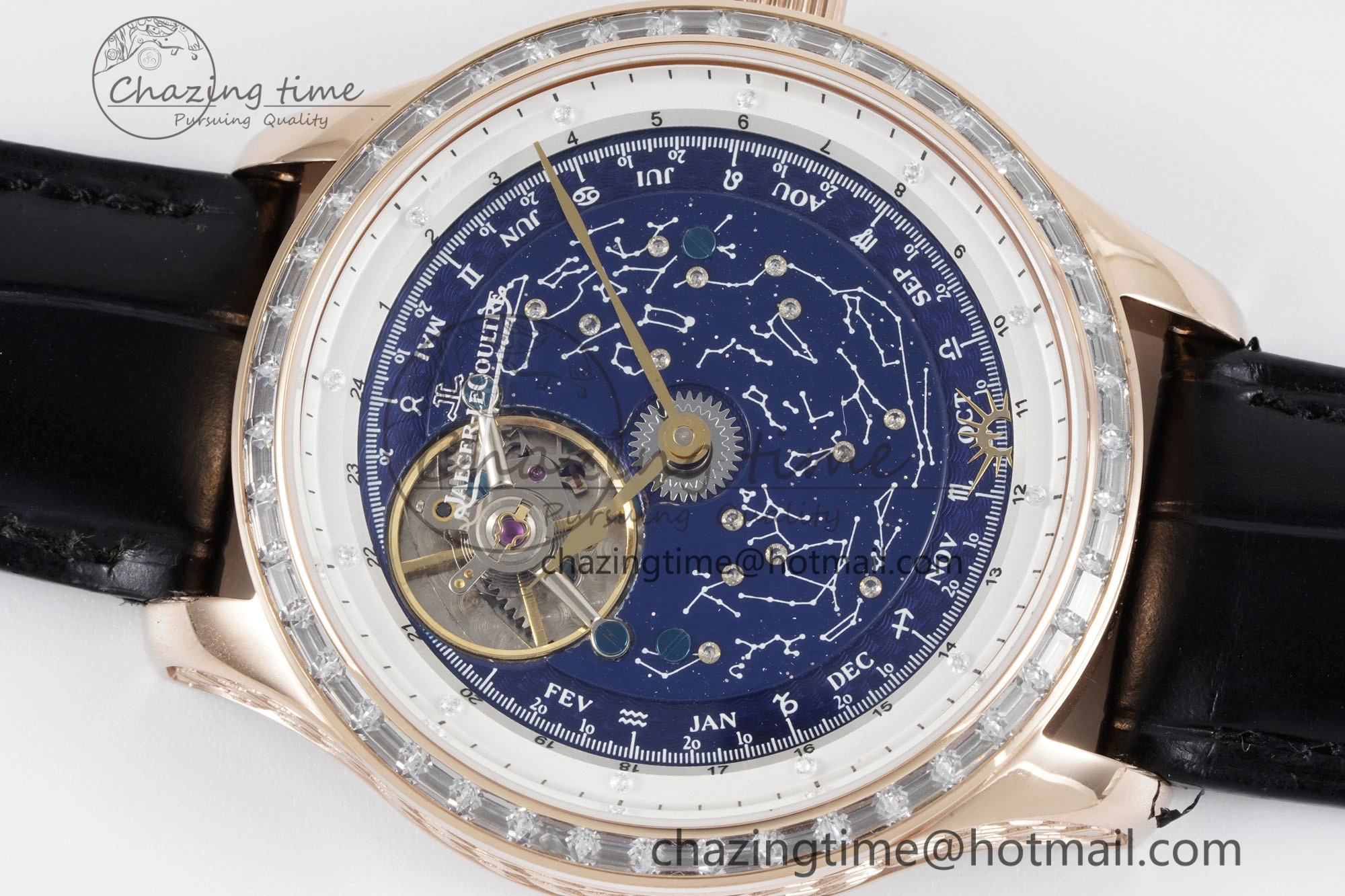 Durable Master Grande Tradition RG Blue Revolves Dial Diamonds Bezel on Black Leather Strap 7424