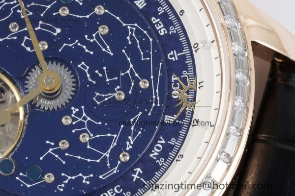 Durable Master Grande Tradition RG Blue Revolves Dial Diamonds Bezel on Black Leather Strap 7424