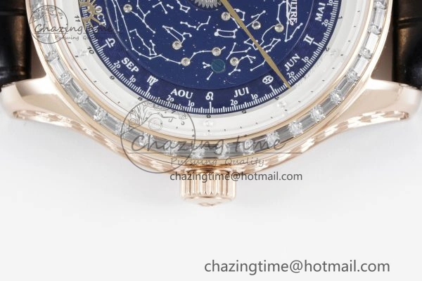 Durable Master Grande Tradition RG Blue Revolves Dial Diamonds Bezel on Black Leather Strap 7424