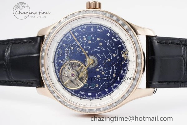 Durable Master Grande Tradition RG Blue Revolves Dial Diamonds Bezel on Black Leather Strap 7424