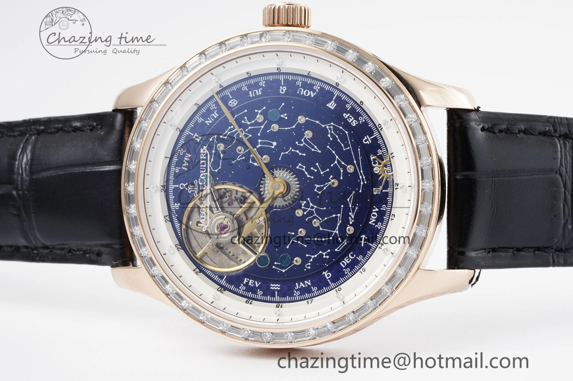 Durable Master Grande Tradition RG Blue Revolves Dial Diamonds Bezel on Black Leather Strap 7424