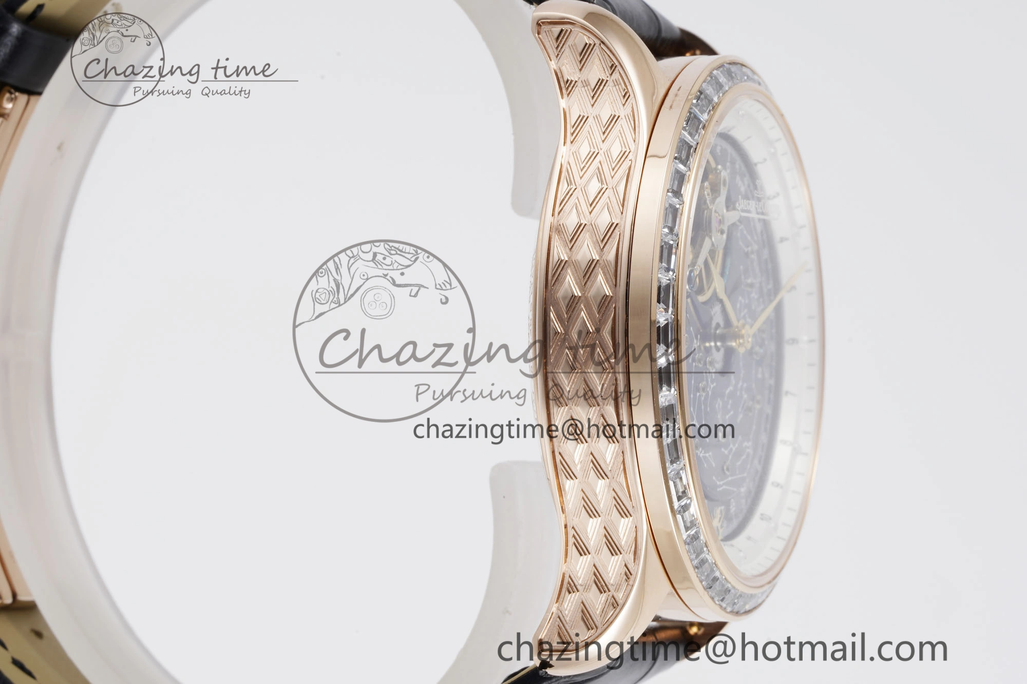 Durable Master Grande Tradition RG Blue Revolves Dial Diamonds Bezel on Black Leather Strap 7424