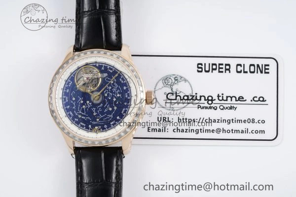Durable Master Grande Tradition RG Blue Revolves Dial Diamonds Bezel on Black Leather Strap 7424