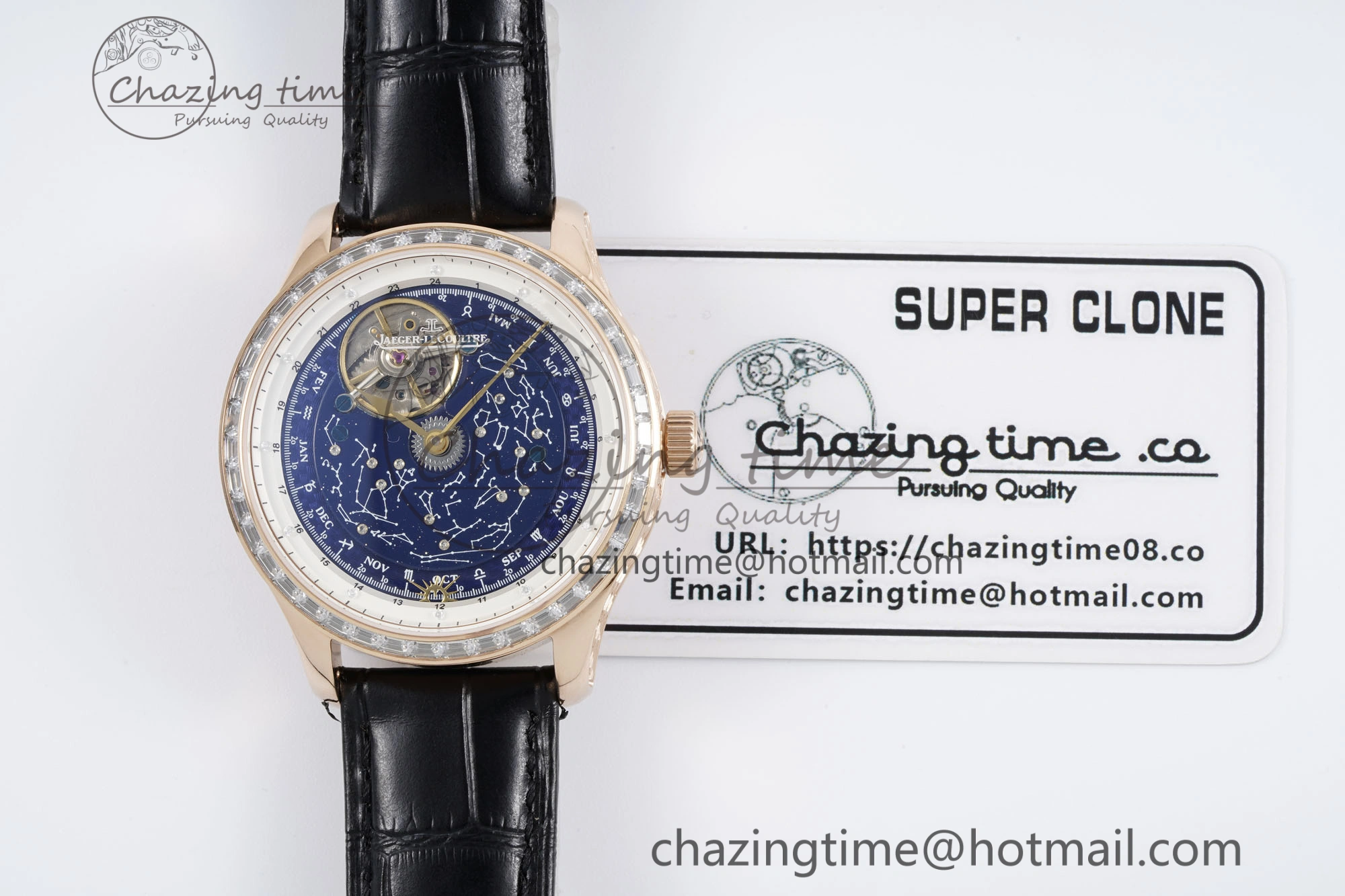 Durable Master Grande Tradition RG Blue Revolves Dial Diamonds Bezel on Black Leather Strap 7424