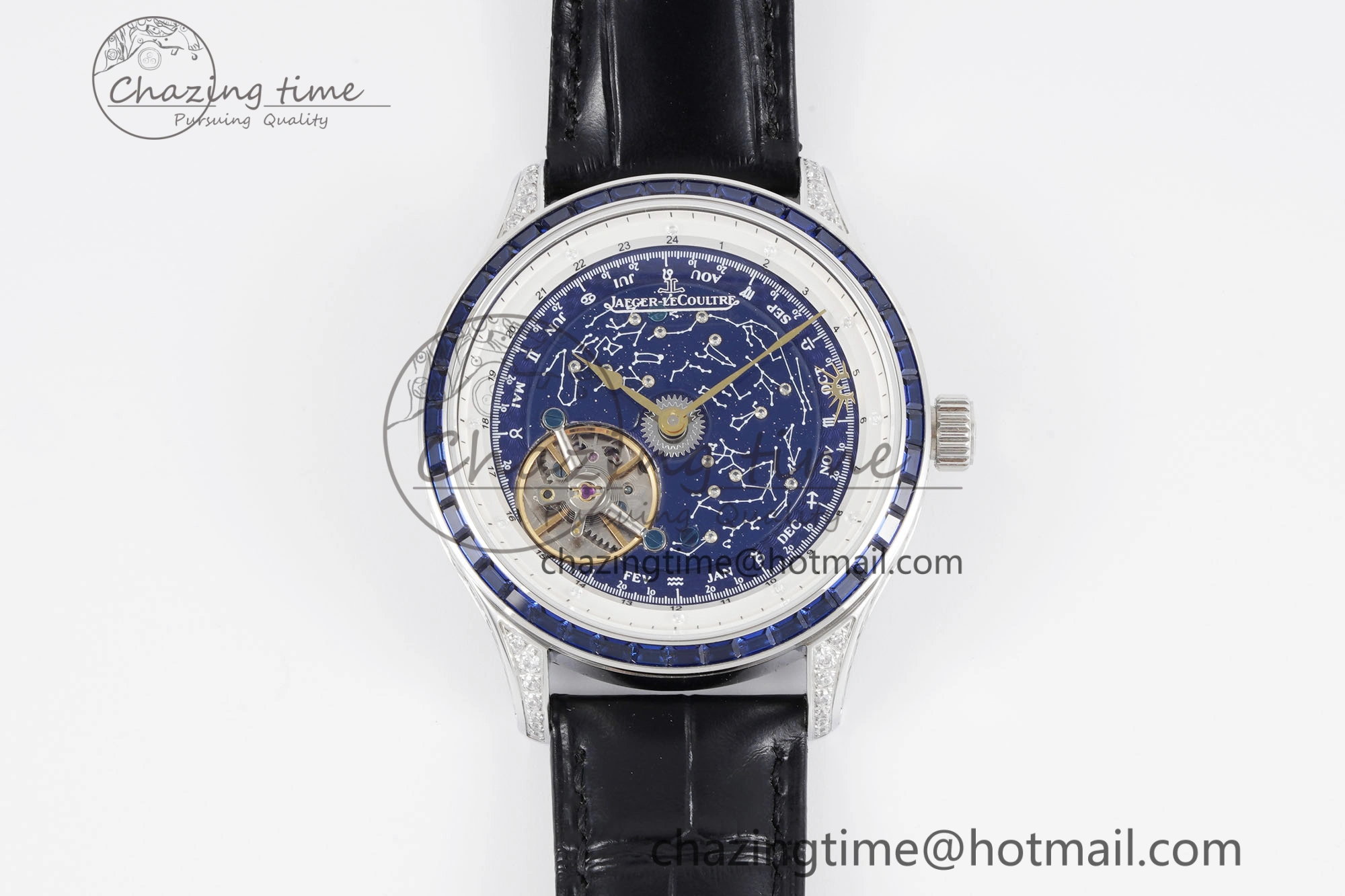 SportInspired Master Grande Tradition SS Blue Revolves Dial Blue Diamonds Bezel on Black Leather Strap 7425