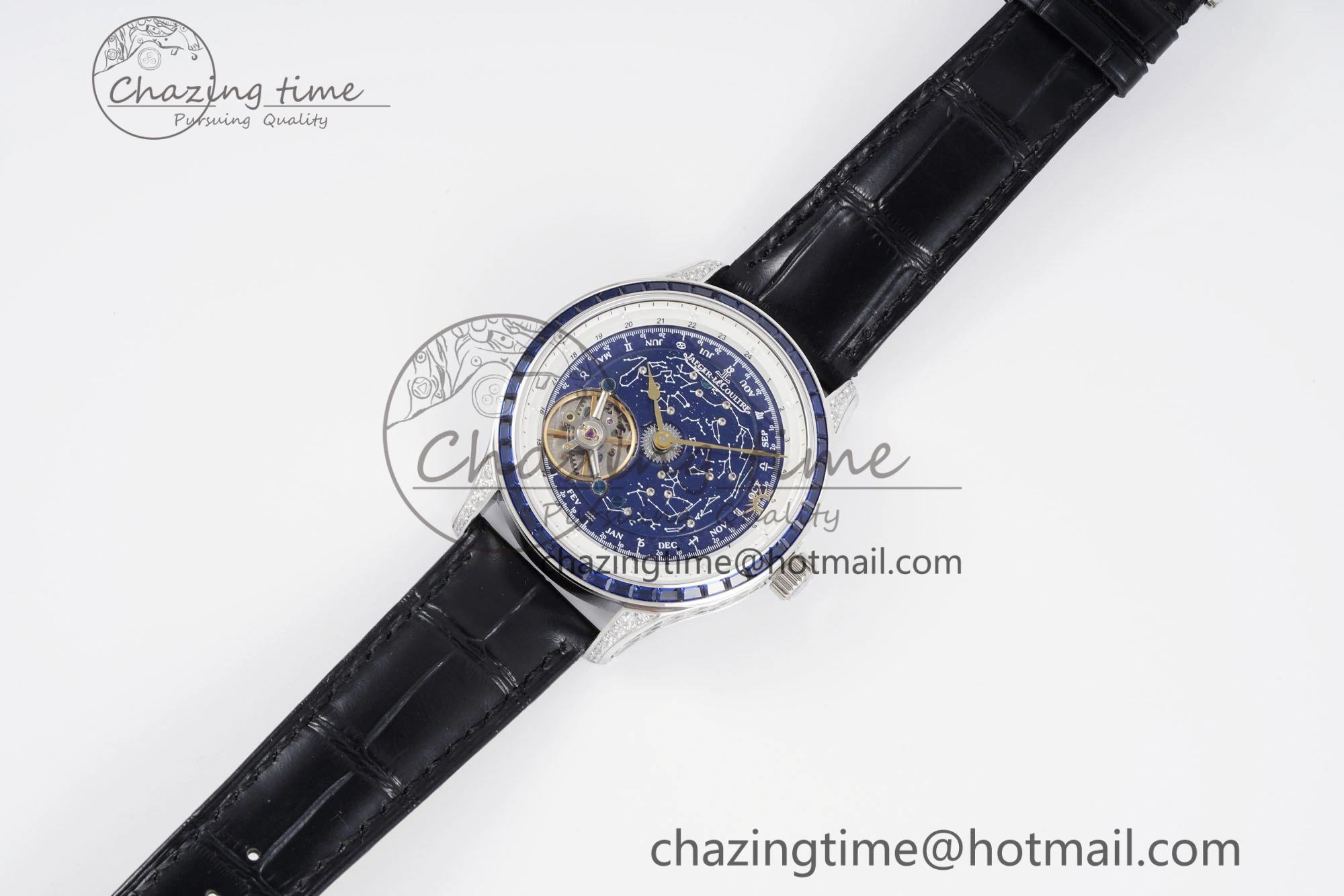SportInspired Master Grande Tradition SS Blue Revolves Dial Blue Diamonds Bezel on Black Leather Strap 7425