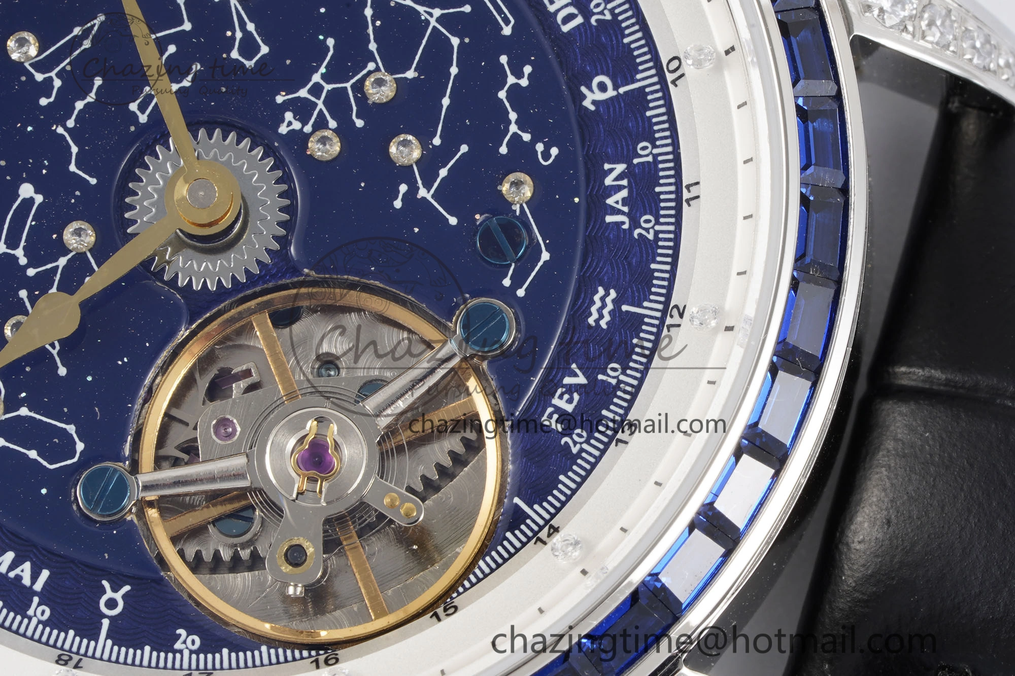 SportInspired Master Grande Tradition SS Blue Revolves Dial Blue Diamonds Bezel on Black Leather Strap 7425