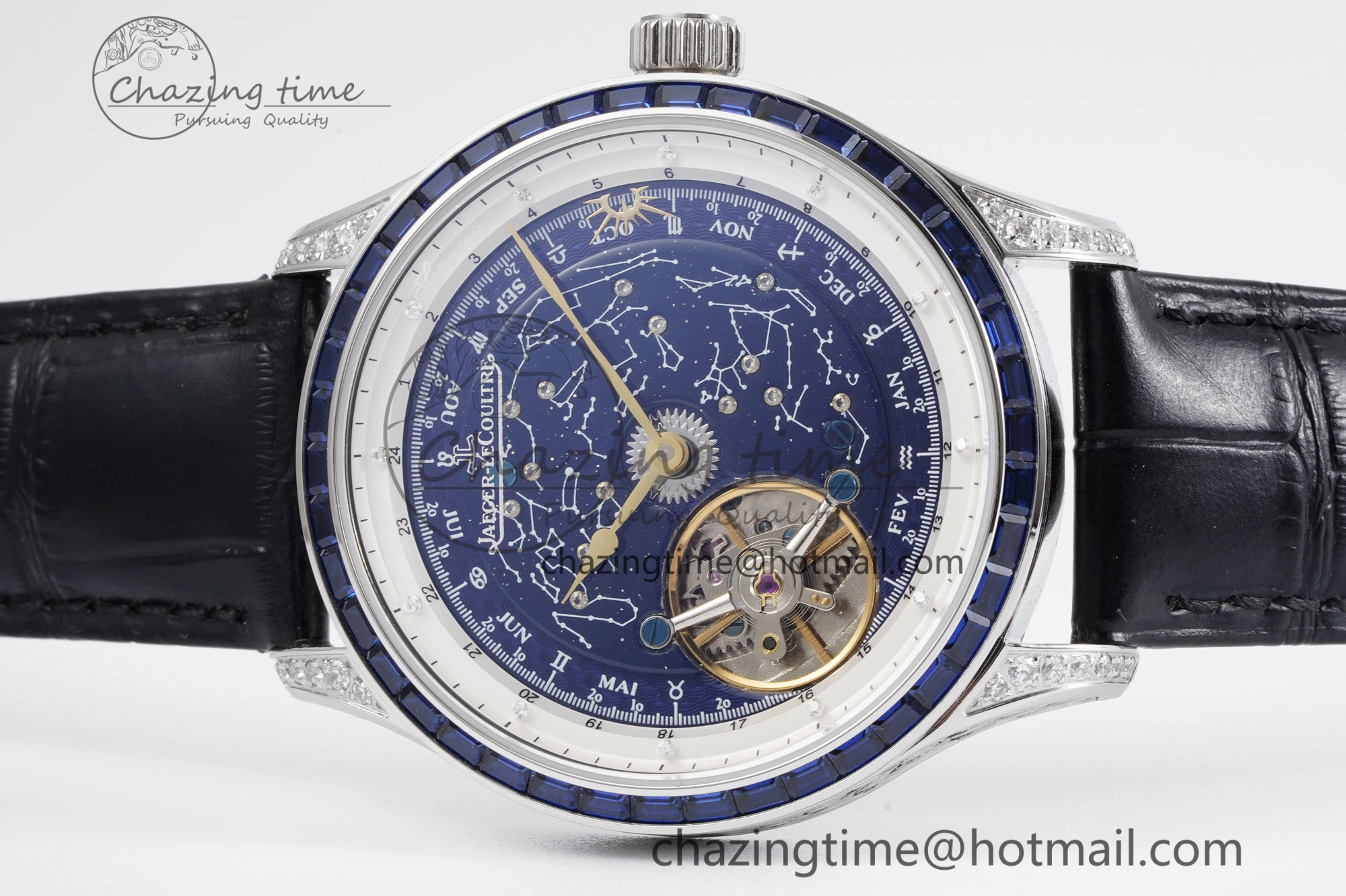 SportInspired Master Grande Tradition SS Blue Revolves Dial Blue Diamonds Bezel on Black Leather Strap 7425