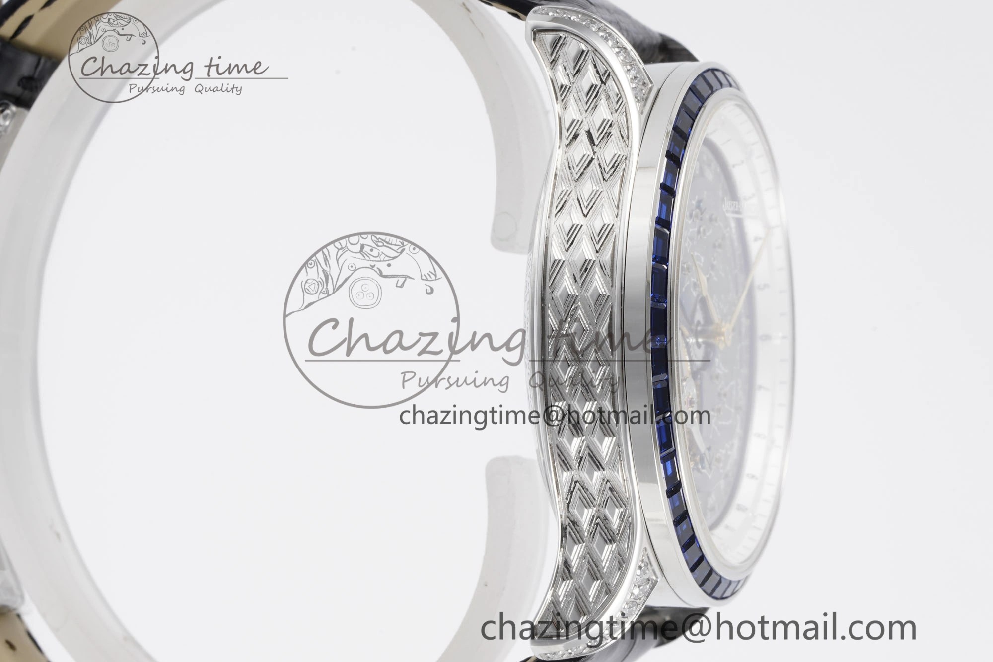 SportInspired Master Grande Tradition SS Blue Revolves Dial Blue Diamonds Bezel on Black Leather Strap 7425